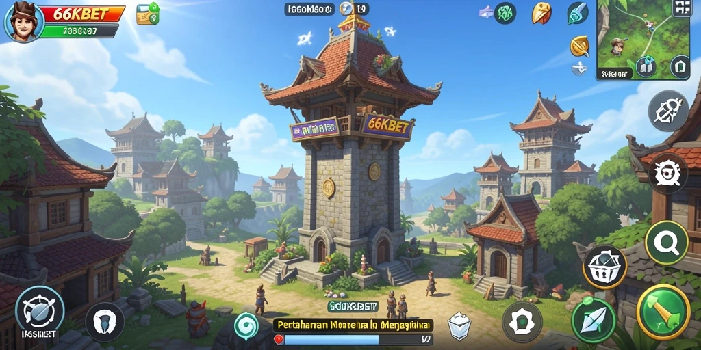 Tampilan aksi seru dalam gameplay <strong>66KBET</strong> saat mempertahankan menara.