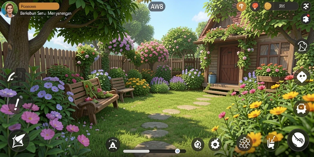 Tampilan menarik dari gameplay AW8 dengan aktivitas berkebun.
