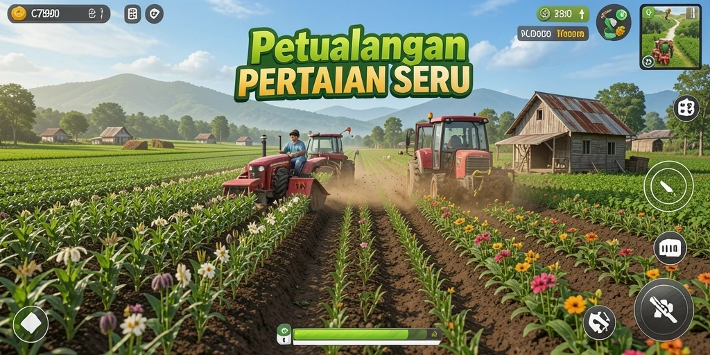 Screenshot C7890 menampilkan grafik indah dengan aktivitas bertani yang menarik.