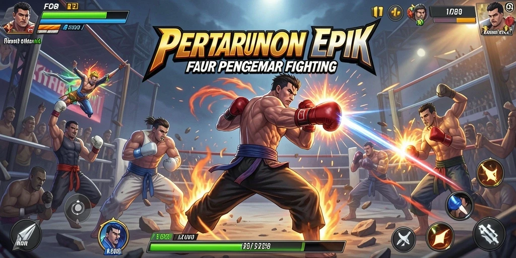 Screenshot gameplay FO8 menampilkan aksi pertarungan yang intens dan karakter unik.