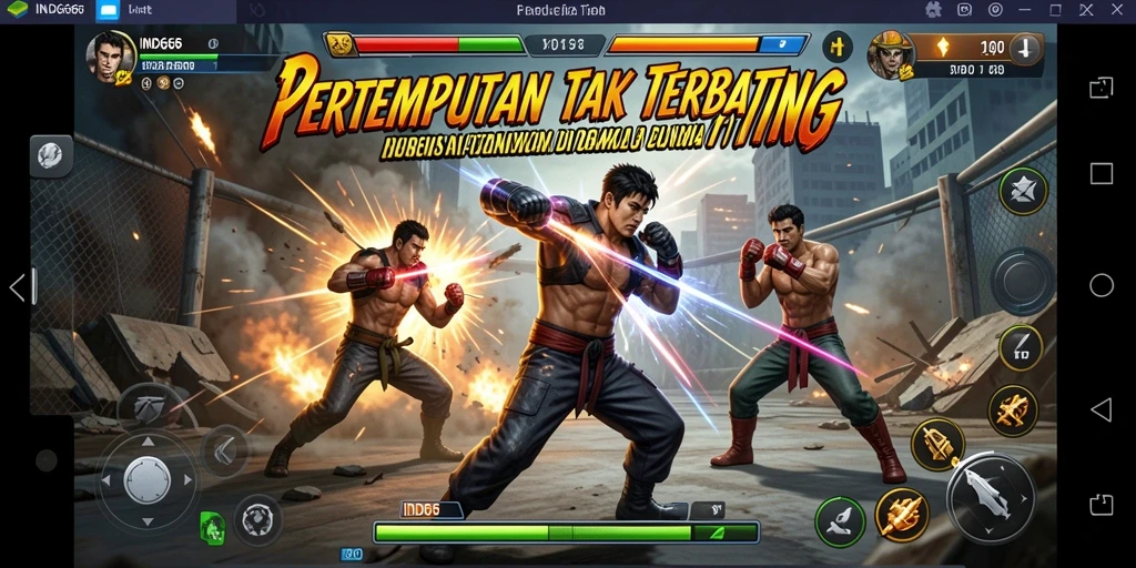 Tangkapan layar gameplay <strong>IND666</strong> menunjukkan aksi bertarung yang mendebarkan dan karakter-karakter yang ikonik.