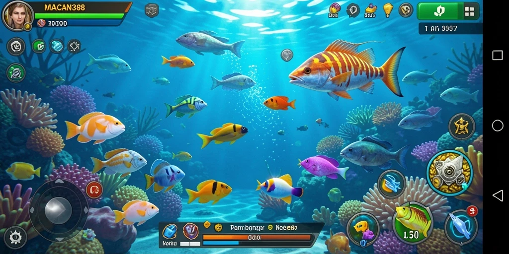 Tampilan seru gameplay Tembak Ikan MACAN388 yang penuh aksi.