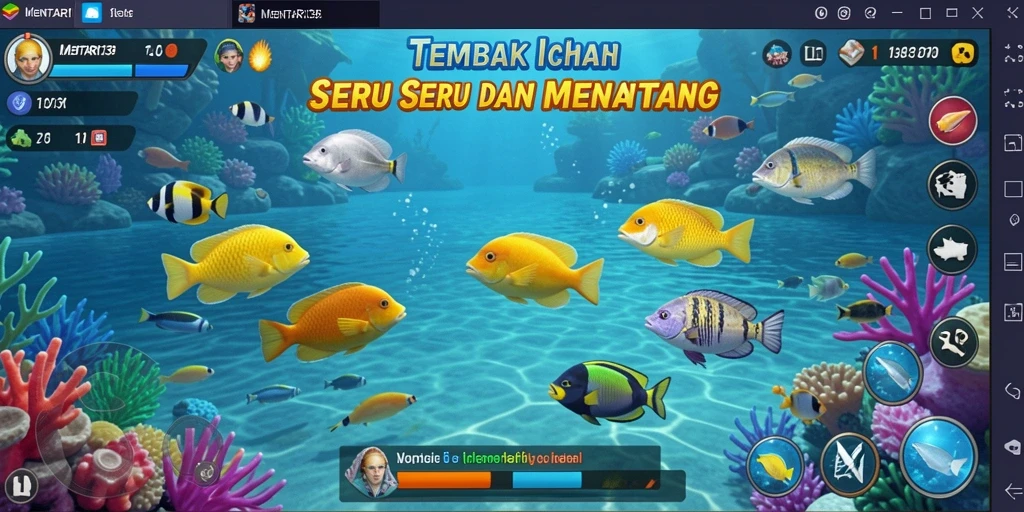Gambar gameplay MENTARI138 menampilkan aksi menembak ikan dengan warna-warni.