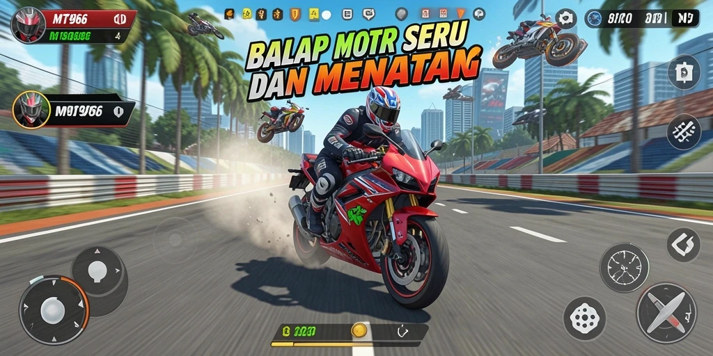 Tampilan gameplay seru MT966 dengan motor balap yang melaju kencang.